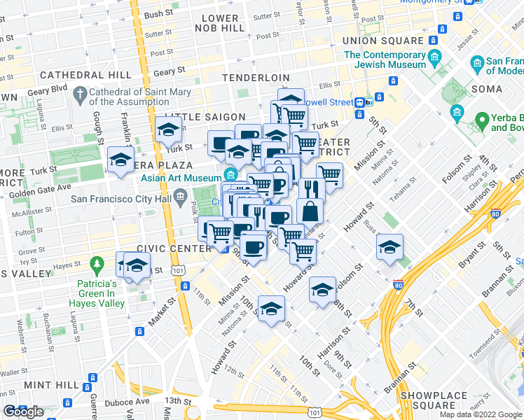 map of restaurants, bars, coffee shops, grocery stores, and more near 1188 Market Street in San Francisco