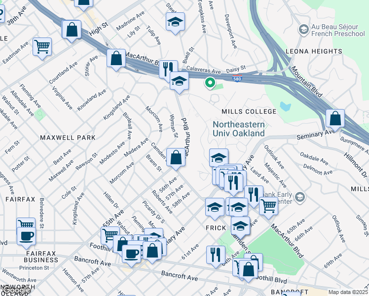 map of restaurants, bars, coffee shops, grocery stores, and more near 5417 MacArthur Boulevard in Oakland
