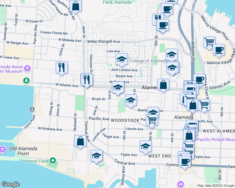 map of restaurants, bars, coffee shops, grocery stores, and more near 1900 3rd Street in Alameda