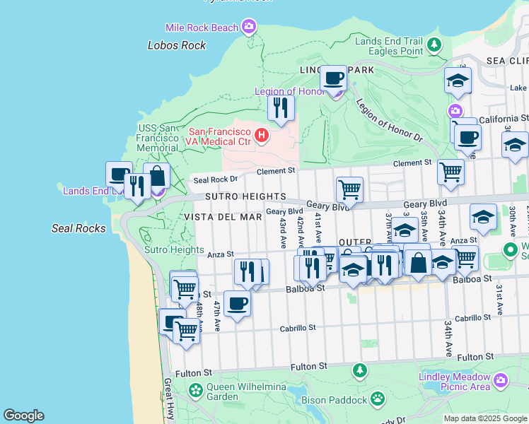 map of restaurants, bars, coffee shops, grocery stores, and more near Geary Blvd & 44th Ave in San Francisco
