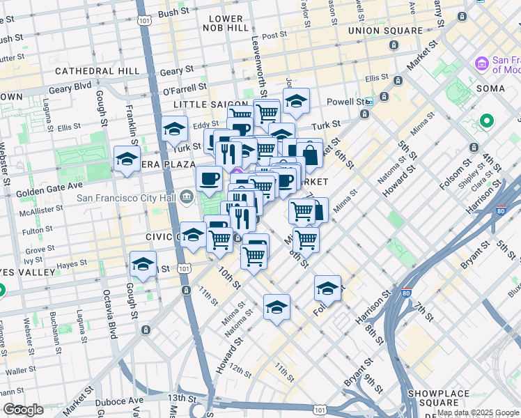 map of restaurants, bars, coffee shops, grocery stores, and more near in San Francisco