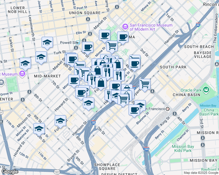 map of restaurants, bars, coffee shops, grocery stores, and more near 222 Clara Street in San Francisco