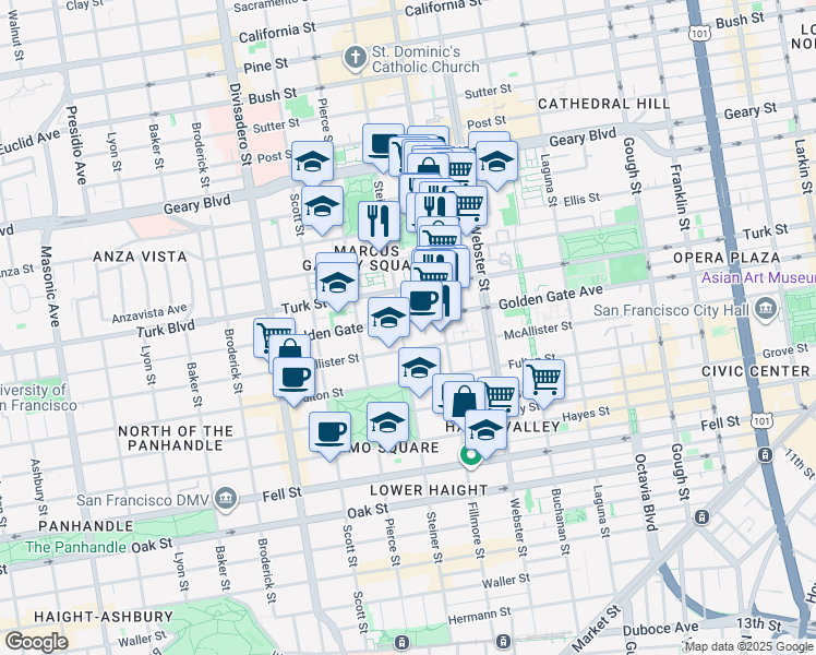 map of restaurants, bars, coffee shops, grocery stores, and more near 1028 Steiner Street in San Francisco