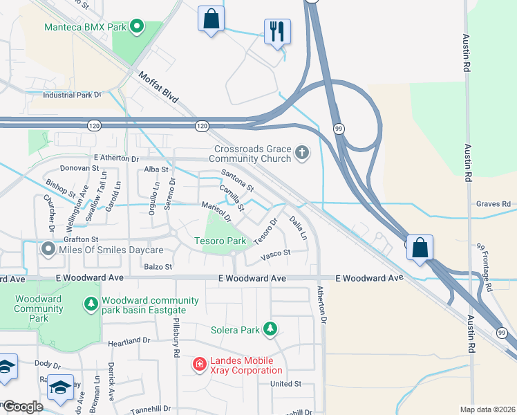 map of restaurants, bars, coffee shops, grocery stores, and more near 1450 Albero Court in Manteca
