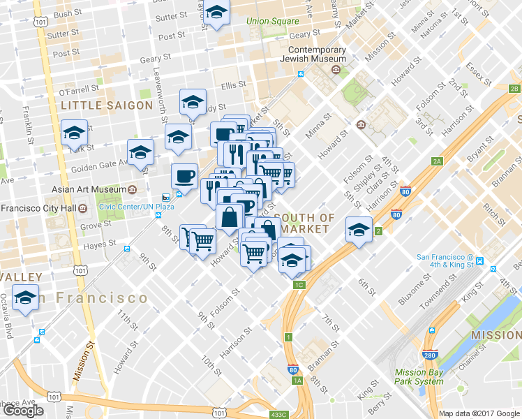 map of restaurants, bars, coffee shops, grocery stores, and more near 563 Natoma Street in San Francisco
