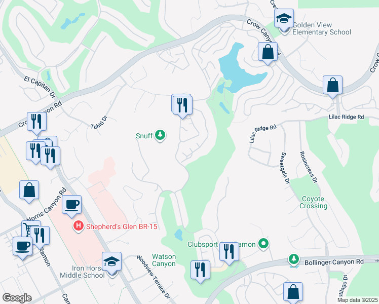map of restaurants, bars, coffee shops, grocery stores, and more near 791 Lakemont Place in San Ramon