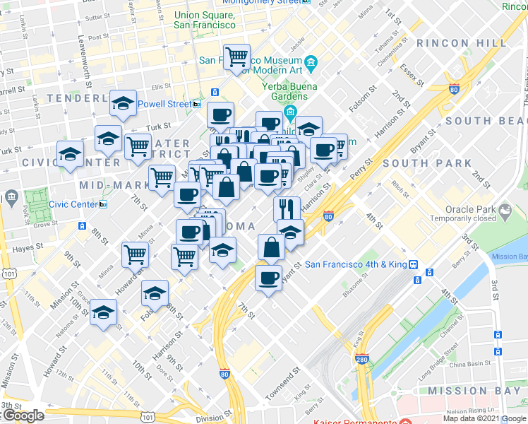 map of restaurants, bars, coffee shops, grocery stores, and more near 965 Folsom Street in San Francisco