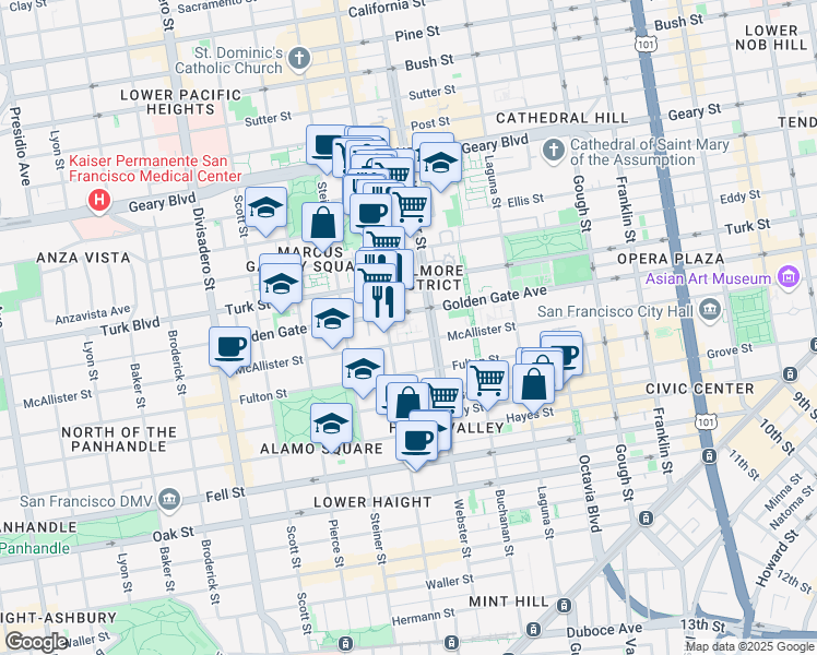 map of restaurants, bars, coffee shops, grocery stores, and more near in San Francisco