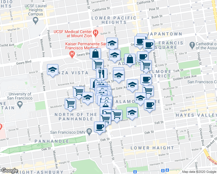 map of restaurants, bars, coffee shops, grocery stores, and more near 1616 Golden Gate Avenue in San Francisco