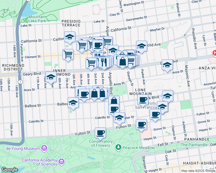 map of restaurants, bars, coffee shops, grocery stores, and more near 600 Arguello Boulevard in San Francisco