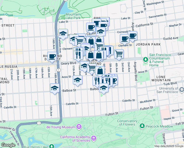 map of restaurants, bars, coffee shops, grocery stores, and more near 1653 Anza Street in San Francisco