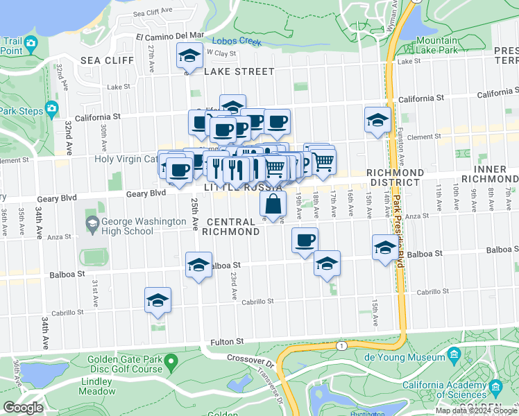 map of restaurants, bars, coffee shops, grocery stores, and more near 462 22nd Avenue in San Francisco