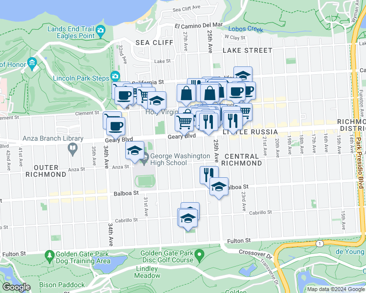 map of restaurants, bars, coffee shops, grocery stores, and more near 553 27th Avenue in San Francisco