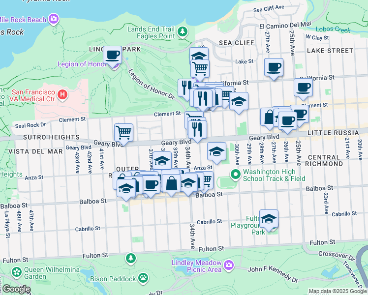 map of restaurants, bars, coffee shops, grocery stores, and more near 531 34th Avenue in San Francisco
