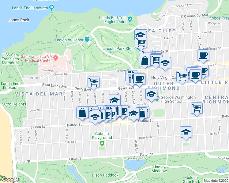 map of restaurants, bars, coffee shops, grocery stores, and more near 526 37th Avenue in San Francisco