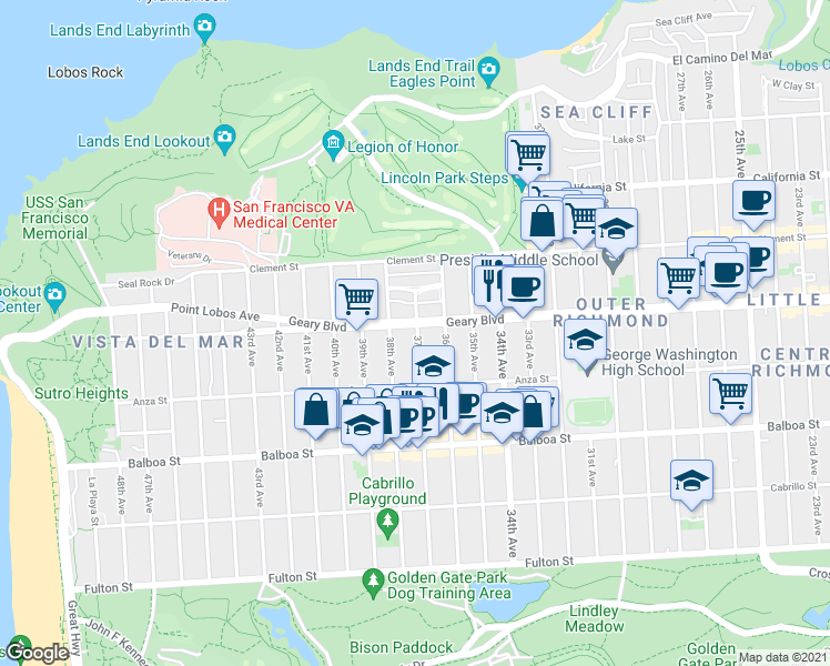 map of restaurants, bars, coffee shops, grocery stores, and more near 526 37th Avenue in San Francisco