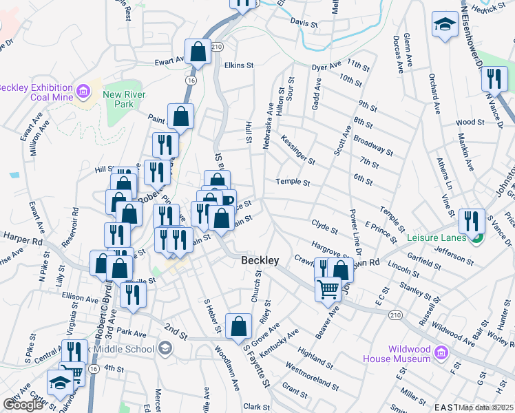map of restaurants, bars, coffee shops, grocery stores, and more near 121 East Main Street in Beckley