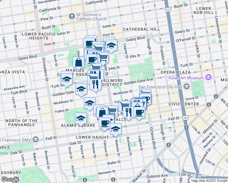 map of restaurants, bars, coffee shops, grocery stores, and more near 1050 McAllister Street in San Francisco