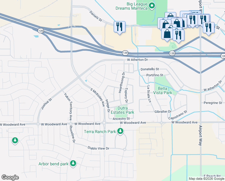 map of restaurants, bars, coffee shops, grocery stores, and more near 1638 Gathering Lane in Manteca