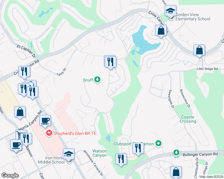 map of restaurants, bars, coffee shops, grocery stores, and more near 791 Lakemont Place in San Ramon