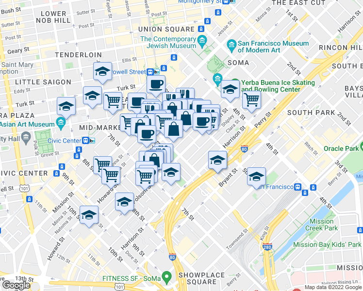 map of restaurants, bars, coffee shops, grocery stores, and more near in San Francisco
