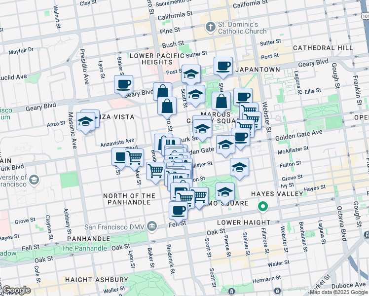 map of restaurants, bars, coffee shops, grocery stores, and more near 1616 Golden Gate Avenue in San Francisco