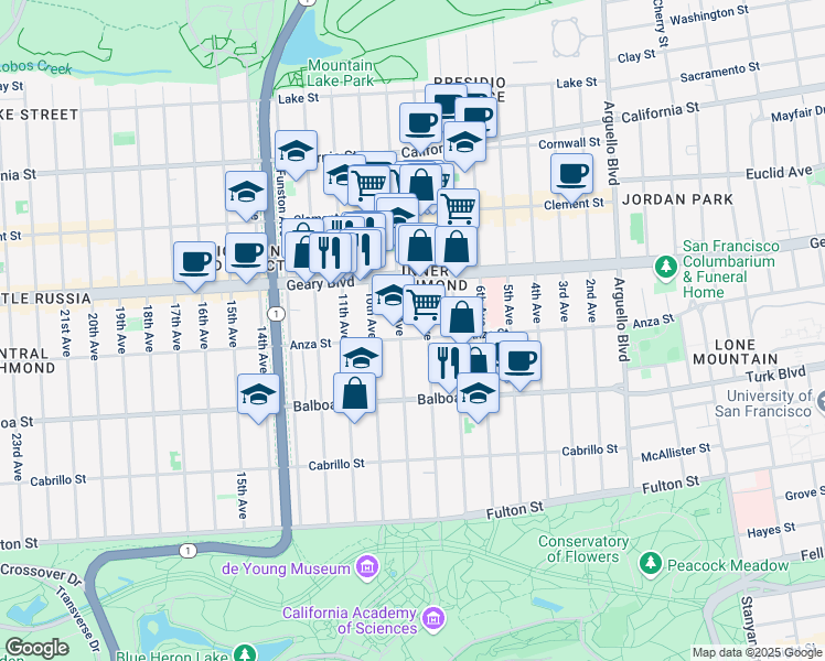 map of restaurants, bars, coffee shops, grocery stores, and more near 1800 Anza Street in San Francisco
