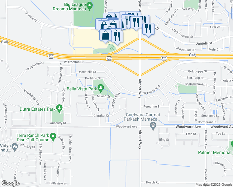 map of restaurants, bars, coffee shops, grocery stores, and more near 2209 Hearth Drive in Manteca