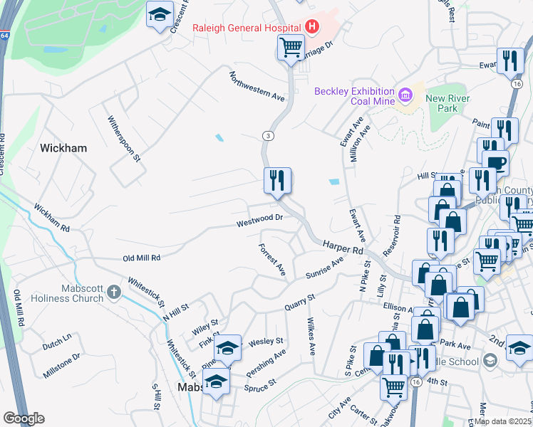 map of restaurants, bars, coffee shops, grocery stores, and more near 114 Westwood Drive in Beckley