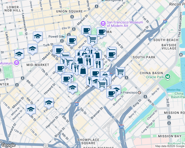 map of restaurants, bars, coffee shops, grocery stores, and more near 222 Clara Street in San Francisco