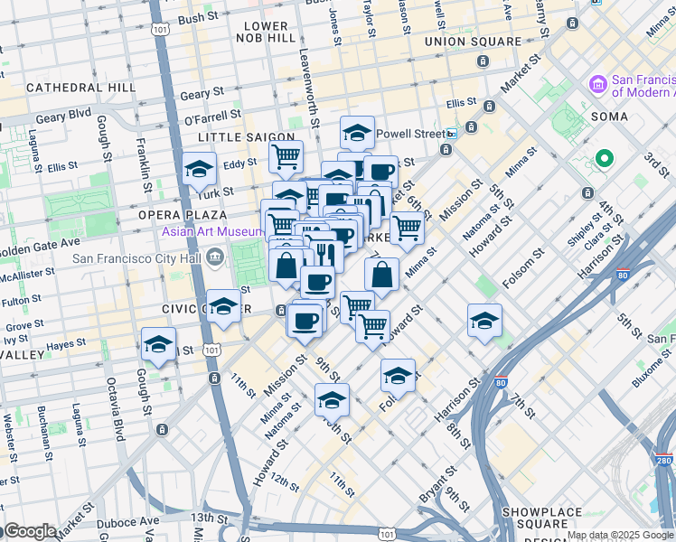 map of restaurants, bars, coffee shops, grocery stores, and more near 1155 Market Street in San Francisco