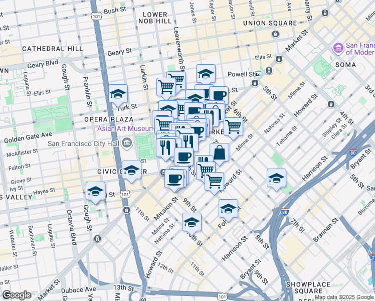 map of restaurants, bars, coffee shops, grocery stores, and more near 1177 Market Street in San Francisco