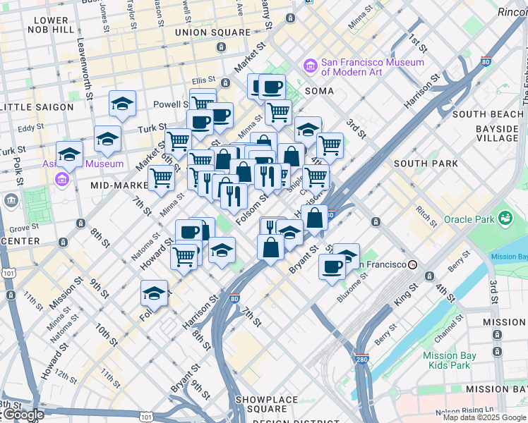 map of restaurants, bars, coffee shops, grocery stores, and more near 236 Shipley Street in San Francisco