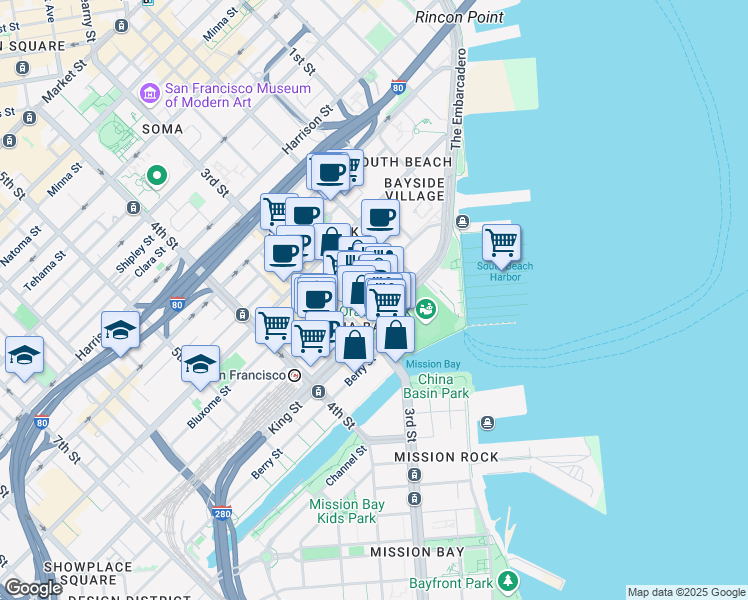 map of restaurants, bars, coffee shops, grocery stores, and more near 162 King Street in San Francisco