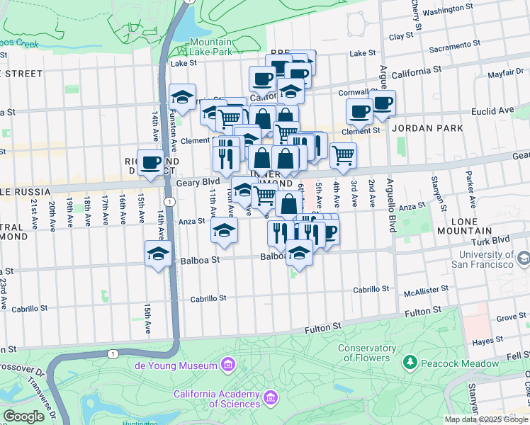 map of restaurants, bars, coffee shops, grocery stores, and more near 1653 Anza Street in San Francisco