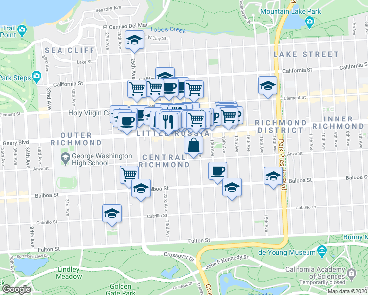 map of restaurants, bars, coffee shops, grocery stores, and more near 453 21st Avenue in San Francisco