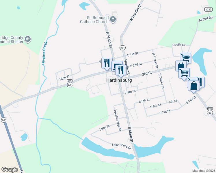 map of restaurants, bars, coffee shops, grocery stores, and more near 306 Breckinridge Street in Hardinsburg