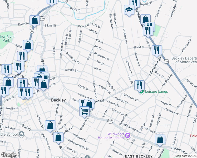 map of restaurants, bars, coffee shops, grocery stores, and more near 512 Temple Street in Beckley