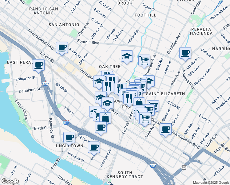 map of restaurants, bars, coffee shops, grocery stores, and more near 2920 International Blvd in Oakland