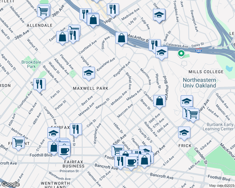 map of restaurants, bars, coffee shops, grocery stores, and more near 2906 Rawson Street in Oakland