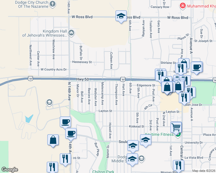 map of restaurants, bars, coffee shops, grocery stores, and more near 2513 Howell Avenue in Dodge City