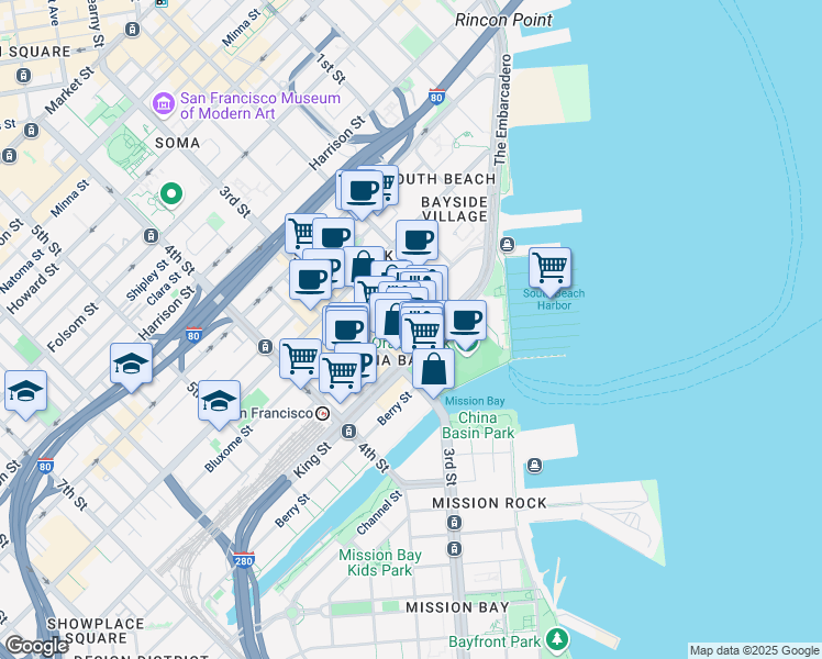 map of restaurants, bars, coffee shops, grocery stores, and more near 153 Townsend Street in San Francisco