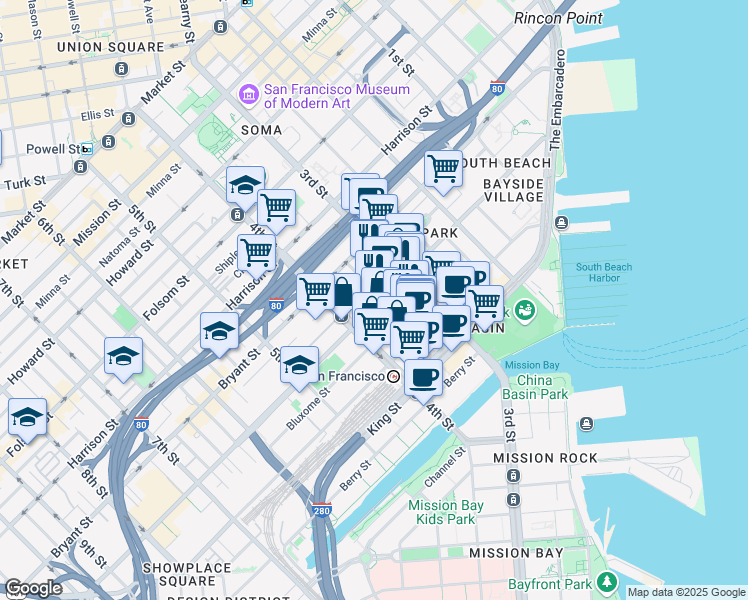 map of restaurants, bars, coffee shops, grocery stores, and more near 475 Brannan Street in San Francisco