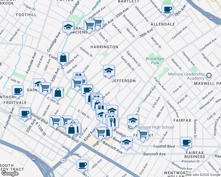 map of restaurants, bars, coffee shops, grocery stores, and more near 2063 Rosedale Avenue in Oakland