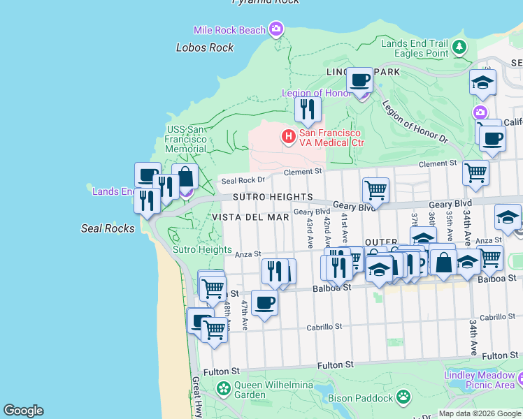 map of restaurants, bars, coffee shops, grocery stores, and more near 494 46th Avenue in San Francisco