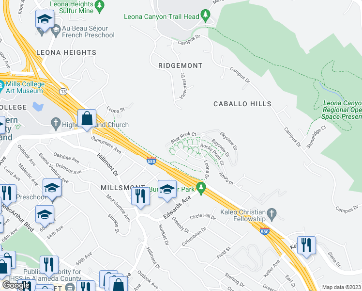 map of restaurants, bars, coffee shops, grocery stores, and more near 6114 Old Quarry Loop in Oakland