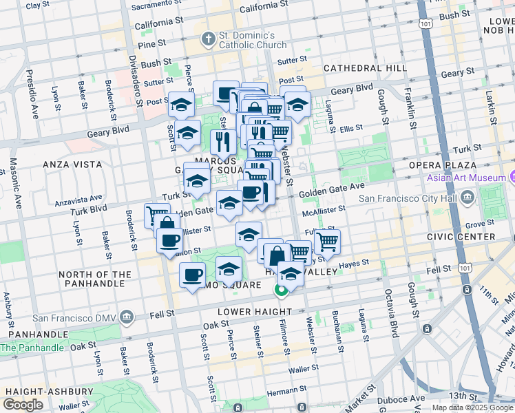map of restaurants, bars, coffee shops, grocery stores, and more near 1028 Steiner Street in San Francisco