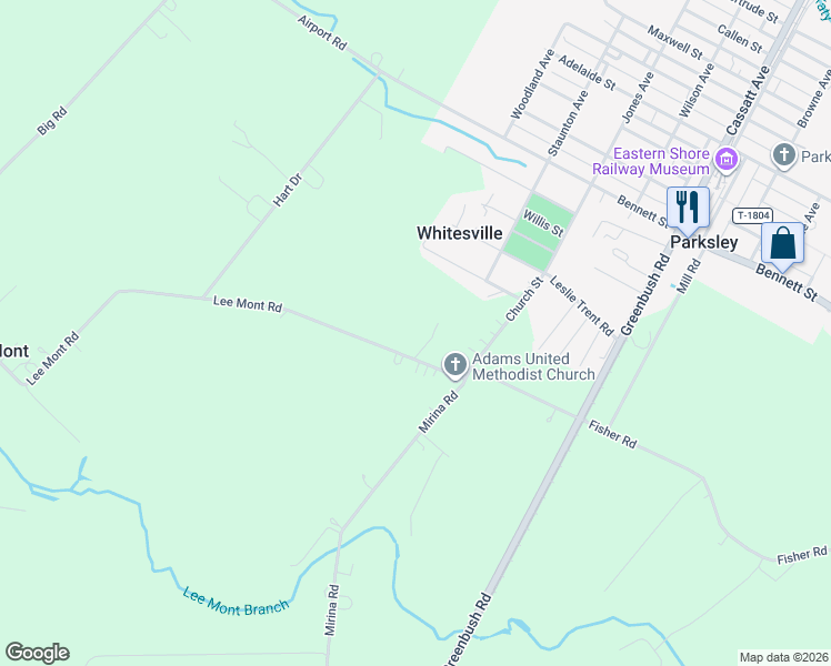 map of restaurants, bars, coffee shops, grocery stores, and more near 23491 Lee Mont Road in Parksley