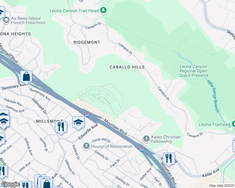 map of restaurants, bars, coffee shops, grocery stores, and more near 6506 Bayview Drive in Oakland
