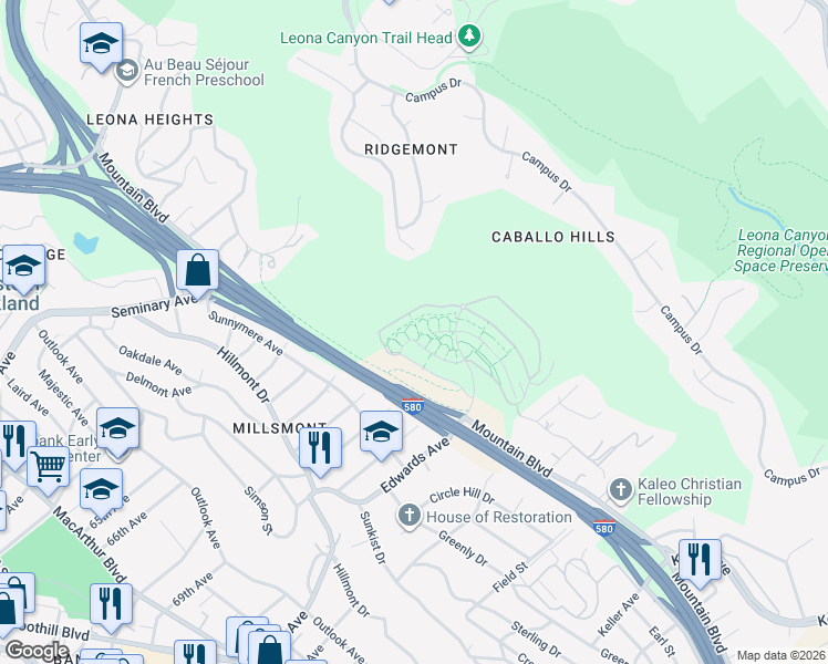 map of restaurants, bars, coffee shops, grocery stores, and more near 6090 Old Quarry Loop in Oakland